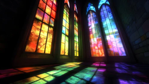 Vibrant stained glass windows casting colorful light in gothic interior.