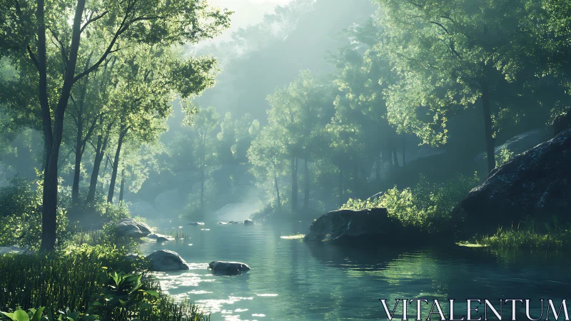 Misty forest river landscape with volumetric atmospheric lighting.