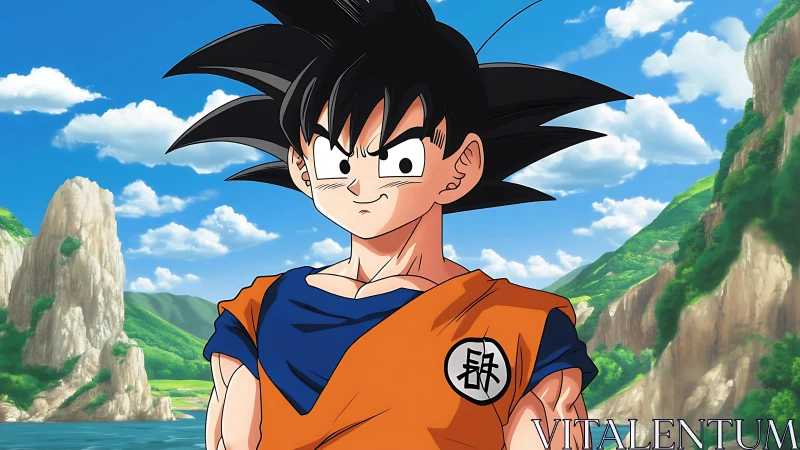 Spiky‑haired martial artist in orange gi before river cliffs.