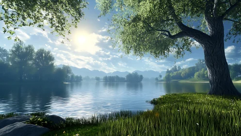 Serene lakeside sunrise under sweeping green oak branches.
