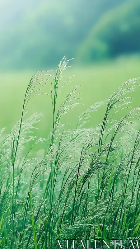 Morning meadow grasses sway under soft green haze light.