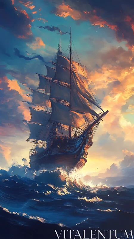 Digital seascape of tall ship under luminous storm sky.