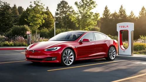 Red electric sedan is parked beside a branded fast charger