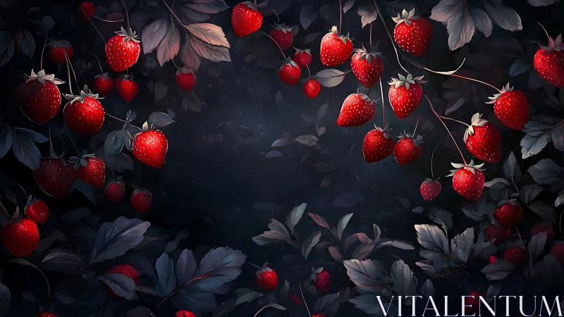 Strawberries rendered with directional rim lighting against dark foliage