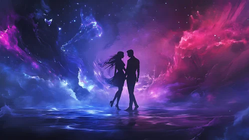 Two silhouetted figures in neon-illuminated environment