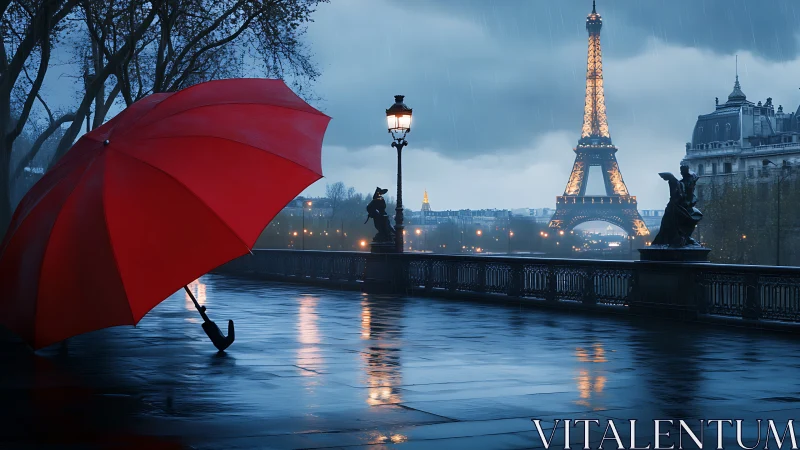 Scarlet umbrella serenades a rainy, lamplit Parisian night.