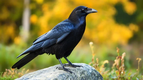 Majestic black raven perched on stone in vibrant autumn setting.