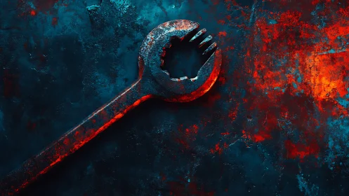Rust-kissed wrench glowing against deep teal metal. Period.