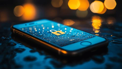 Rainlit smartphone lock screen glows with cozy security.