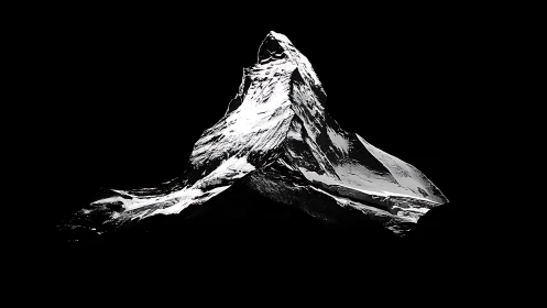 Snow-covered mountain peak is isolated against black background