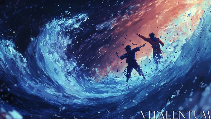 Twin warriors command tidal vortex in cinematic seascape.
