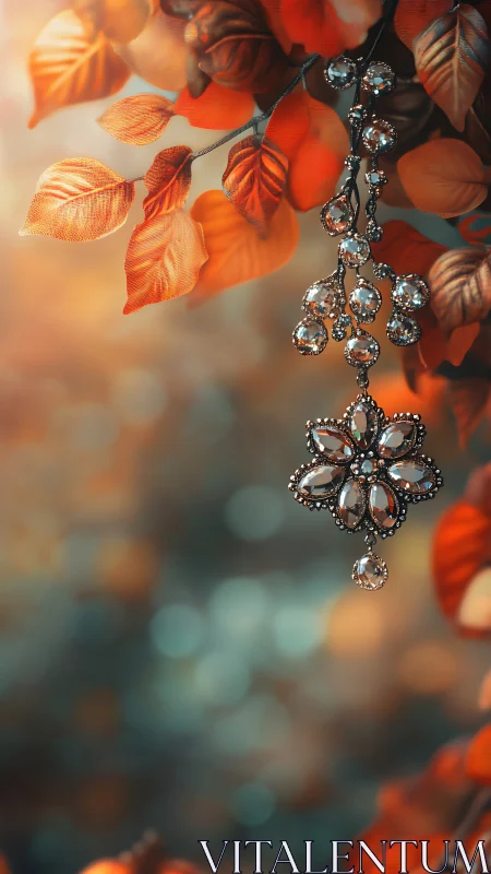 Gemstone pendant hanging among orange autumn foliage.