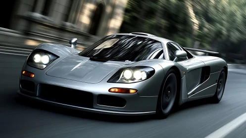 Silver sports car on urban street in forward motion.