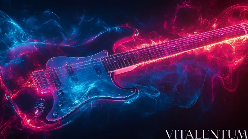 Electric neon guitar drifting through swirling color clouds.