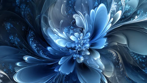 Glowing blue fractal petals bloom gently in swirling light