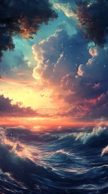 Storm-kissed ocean under cottonfire sunset clouds.