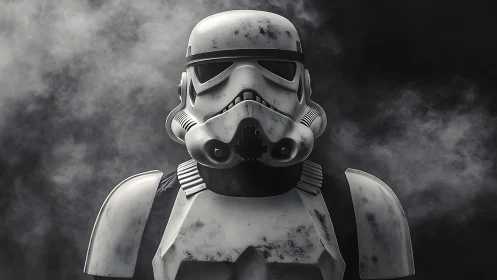 Armored sci‑fi soldier stands in drifting battlefield smoke.