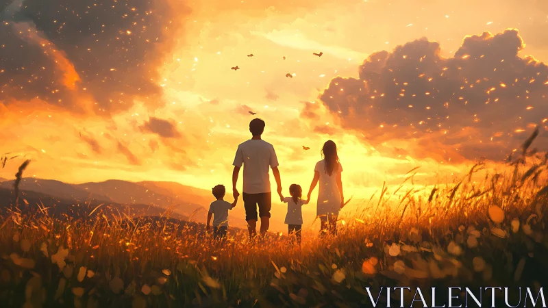 Silhouetted family in sunset field with distant hills and sky.