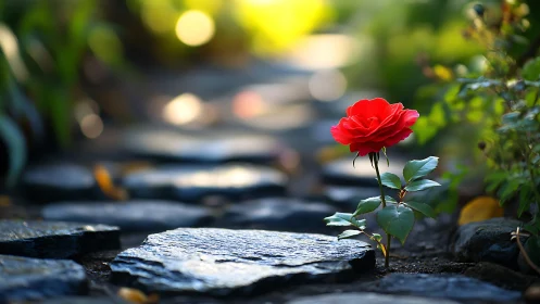 Single red rose grows between wet stones on a garden path