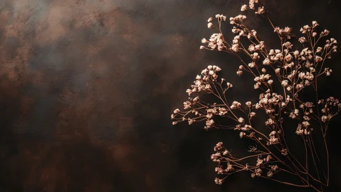 Delicate dried flowers on textured dark brown background, moody style.