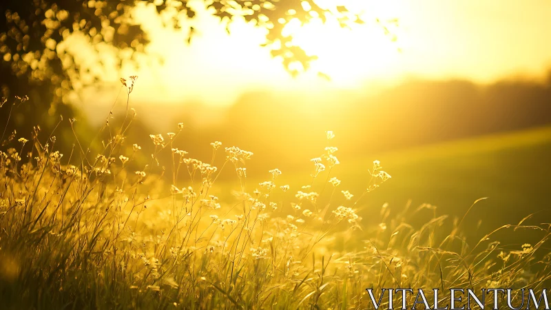 Backlit meadow grasses under low sun in rural landscape.