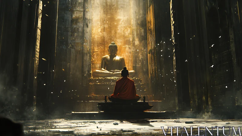 Monk meditates before golden Buddha in sunlit temple hall.