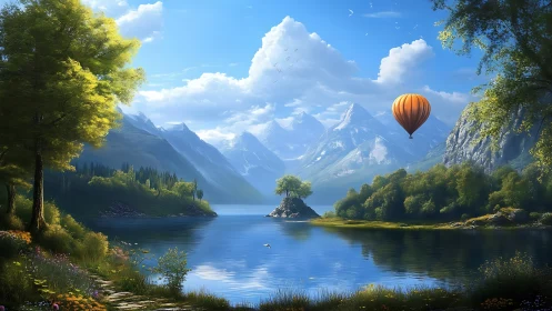 Hot air balloon over crystal lake and snowy peaks.