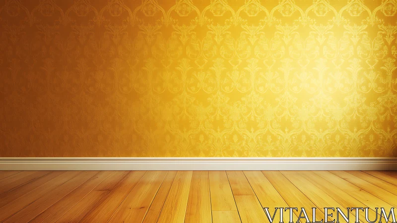 Golden damask wall and sunlit floor await new stories.