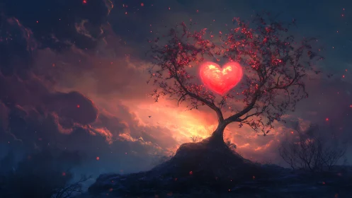 Luminescent Heart-Shaped Sun Above Silhouetted Landscape with Volumetric Atmospheric Effects