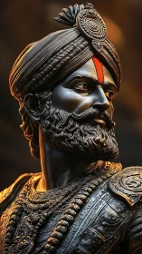 Bronze warrior statue shows detailed turban and armor