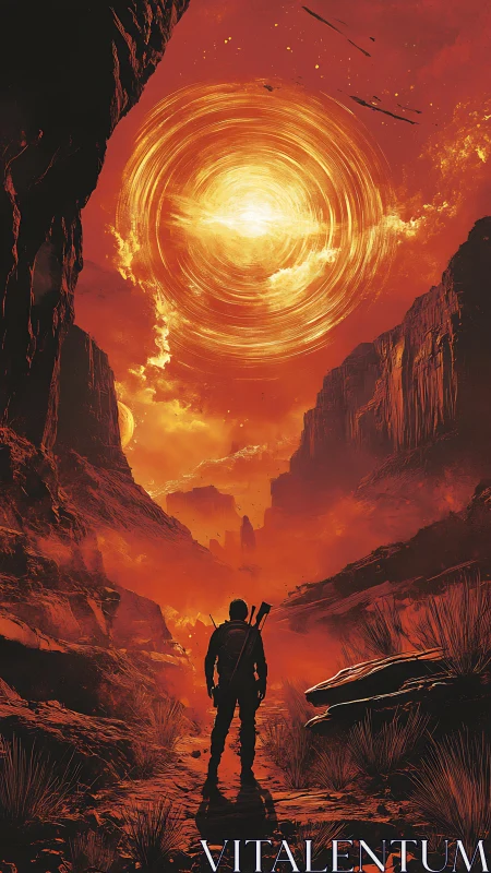 Lone wanderer beneath swirling solar vortex in canyonscape.