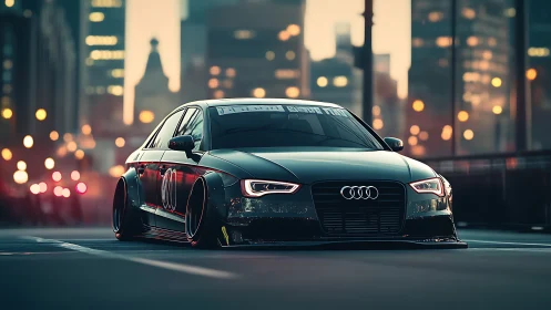 Stanced Audi sedan on urban bridge at dusk with bokeh lights.
