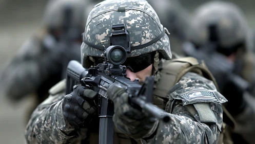 Soldier aims rifle during tactical field training exercise.