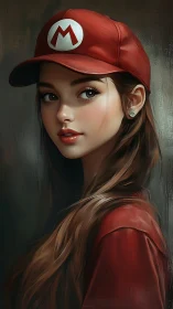 Young woman in red cap with M emblem, digital portrait.