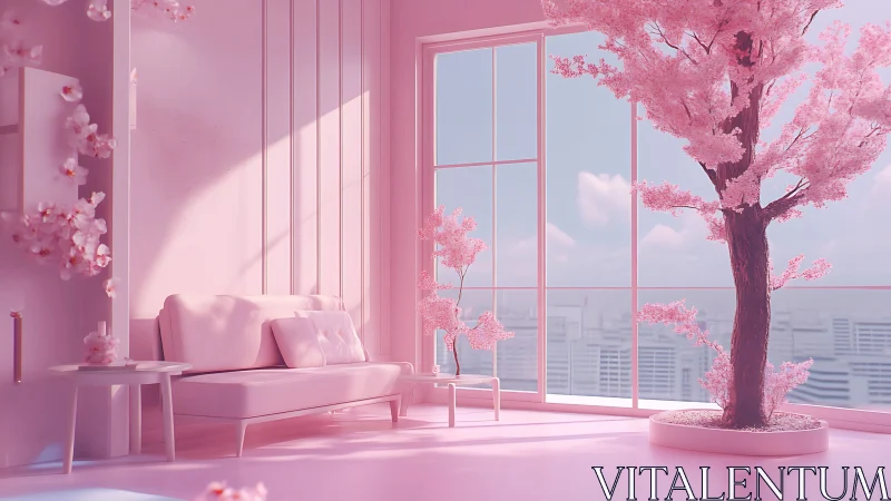 Monochrome pink loft with cherry blossom tree and panoramic glazing