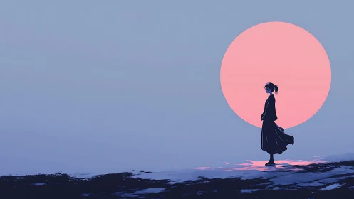 Softly glowing pink moon welcomes a quiet shoreline walk