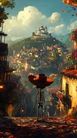 Skeleton in red sombrero overlooks colorful hillside city