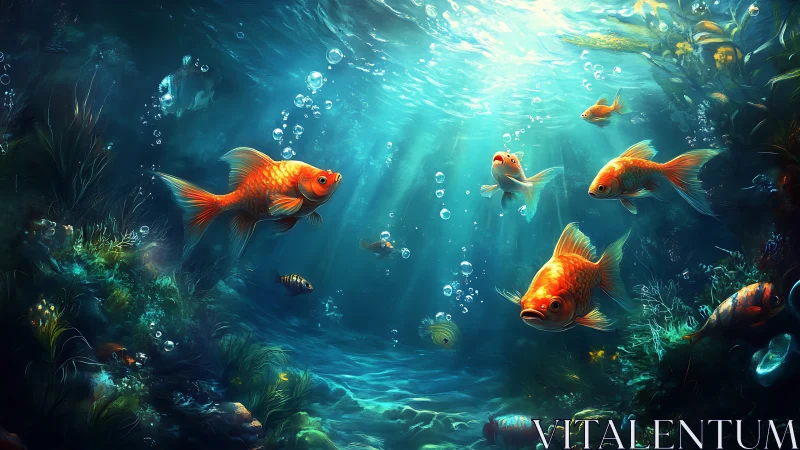 Sun-dappled goldfish choir drifting through sapphire quiet.
