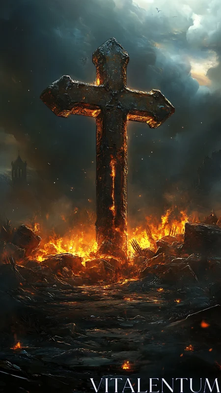 Burning stone cross dominates apocalyptic infernal landscape