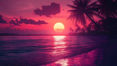 Neon tropic sunset casting magenta glow on palm shore.