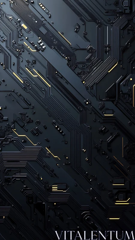 Midnight circuitry rivers with molten gold data veins glow.