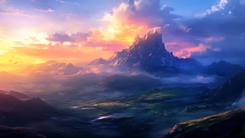 Mountain landscape under vivid sunset sky with clouds.