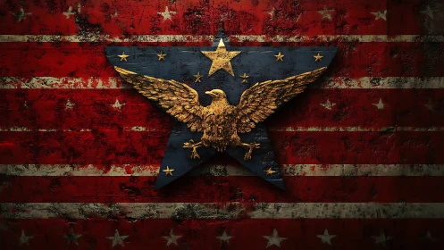 Weathered star and soaring eagle over grunge crimson stripes.