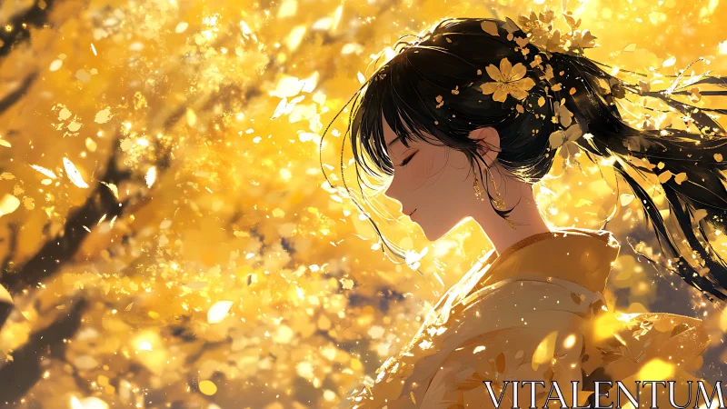 Golden anime girl in falling leaves, side profile portrait.