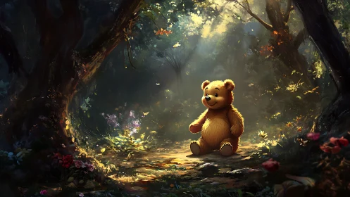 Smiling teddy bear sits under sunlit forest clearing