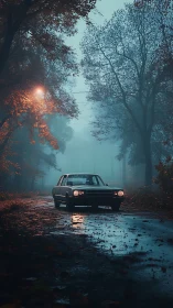 Classic sedan on wet forest road under foggy streetlight