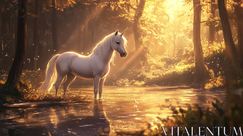 White unicorn stands in shallow forest stream at golden sunset
