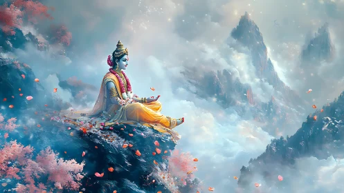 Divine figure meditates in luminous clouds above mystic peaks