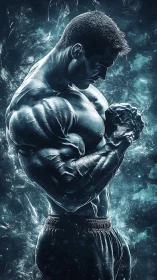 Muscular male bodybuilder in intense glowing side profile.