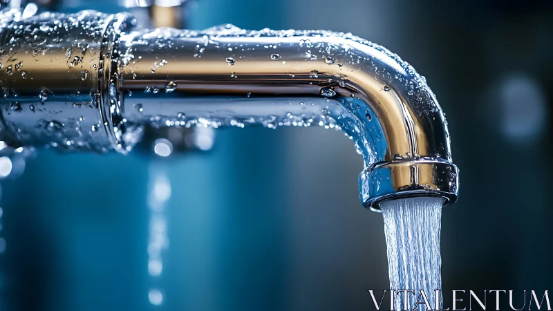 Chrome faucet close-up with flowing water and droplets.